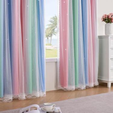 Imagem de Cortinas XiDi Arcoíris Rosa Verde Azul para Decoración de Dormitorio