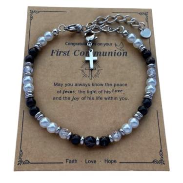 Imagem de DOLON Pulseira de primeira comunhão com contas de 4 mm com pingente de cruz de aço inoxidável, presente de Páscoa para filha, neta, irmã, Medium, Pedra, Sem Pedra Preciosa