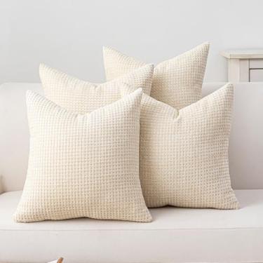 Imagem de Cushonix Pacote com 4 capas de almofada 40,6 x 40,6 cm bege boho capas de almofada decorativas de casa de fazenda para sofá-cama, sofá, sala de estar, decoração de casa, fronha quadrada macia
