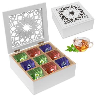 Imagem de Organizador de saquinhos de chá de madeira com tampa articulada e 9 compartimentos, caixa de chá multiuso para organização de armazenamento de bancada e armário
