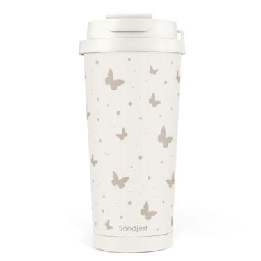 Imagem de SANDJEST Copo de café com tampa 2 em 1 de aço inoxidável borboleta 510 g, caneca de viagem isolada presente para mulheres meninas amigas, ideia de presente para aniversário e Natal (bege)