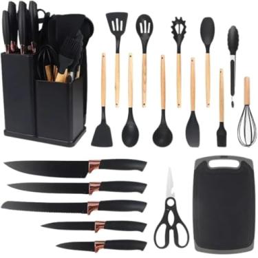 Imagem de Conjunto de Utensílios de Cozinha, 19 Peças, Silicone e Madeira, com Suporte, Inclui Facas, Espátulas, Colheres e Tábua