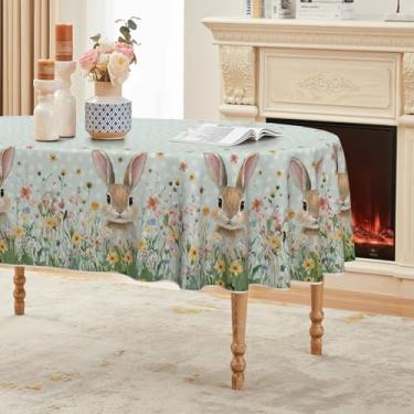 Imagem de Horaldaily Toalha de mesa oval de Páscoa, 152 x 213 cm, estilo pintura a óleo, coelhos, anêmona, flores, lavável, capa de mesa sazonal para decoração de festa, piquenique, jantar