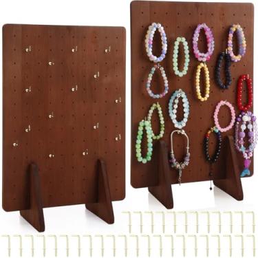 Imagem de Colingmill Pacote com 2 expositores de madeira para joias 40,6 x 30,5 cm, organizador retangular com 50 ganchos para chaveiros, colares, brincos, feiras de artesanato, exibição de fornecedores (marrom