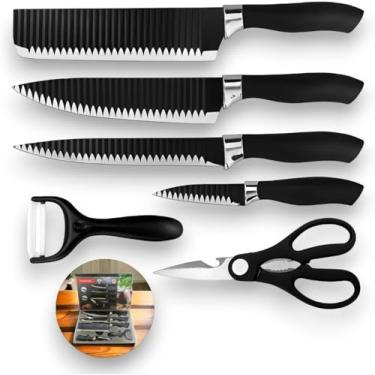 Imagem de Kit Jogo de Facas Antiaderente 6 Pcs para Churrasco e Cozinha - Aço Inox Afiado, Inclui Faca do Chefe, Cutelo, Descascador, Tesoura - Ideal para Carnes, Legumes, Frutas - Preto