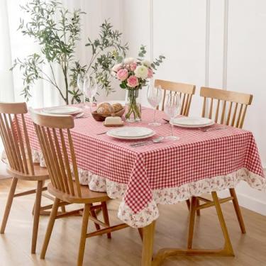 Imagem de Boao Toalha de mesa xadrez branca vermelha 132 x 187 cm, retangular, algodão, guingão, acabamento floral, vintage, capa de mesa quadriculada para casa, casamentos, piqueniques, festas de fim de ano