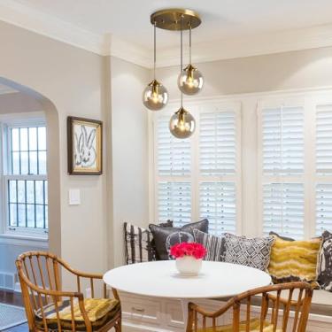 Imagem de Lustre vintage para cozinha, ilha, com 3 lâmpadas, cúpula de vidro, pendente moderno para escada, sala de jantar, dourado, ajustável, para hall de entrada, sala de estar e quarto.