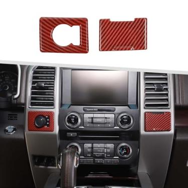 Imagem de Jimen Adequado para Ford F150 2015-2020, 2 peças 4WD quadro de interruptor de tração nas quatro rodas e acabamento da tampa da tomada do console central (fibra de carbono vermelha)