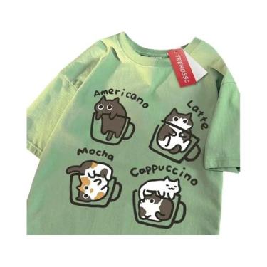 Imagem de Camiseta De Algodão Estilo Americano Com Estampa De Gato Café Para Hom