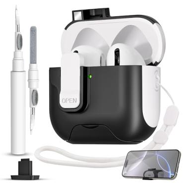 Imagem de Capa para AirPods 4 com trava segura, trava magnética automática com função de suporte de telefone, kit de limpeza de capa protetora rígida à prova de choque para Apple AirPod capa de 4ª geração 2024