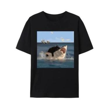 Imagem de Camiseta Feminina Estampada Com Gato Tubarão Divertido, Arte Hip Hop E