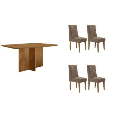 Imagem de Sala Jantar Mesa Berlim Tampo Curvo 120cm+4 Cadeiras Pietá Madeira Naturale - Capuccino/Corano Capuccino - Rufato