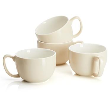 Imagem de Teocera Conjunto de 4 canecas de café grandes de 473 ml - Copos de porcelana creme espesso para cappuccino, latte, chá e chocolate quente - Cerâmica segura para lava-louças com alças confortáveis