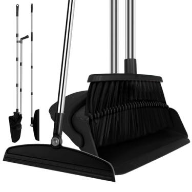 Imagem de UDUK Conjunto combo de vassoura com pá de lixo e kit de vassoura de ar de silicone, rodo de chão com cabo longo de 129,5 cm, kit doméstico preto para tapetes de janela de vidro, pelos de animais de