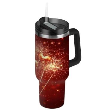 Imagem de ATTX Copo de fogos de artifício dos namorados de 1,134 g com alça, copo de aço inoxidável a vácuo de parede dupla com palha, caneca de café de viagem isolada #530