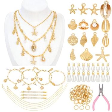 Imagem de PH PandaHall Kit de fabricação de joias de ouro, 144 peças, corrente de clipe de papel, corrente de concha de praia, pingentes para colares, pulseiras, tornozeleiras, com anéis de salto, fechos de