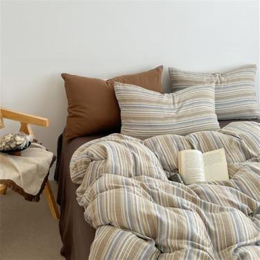 Imagem de Jogo de cama listrado em algodão, respirável, resistente ao desbotamento, com lençol de baixo de tamanho queen/king, decoração para quarto, 4 peças (1,8 m).