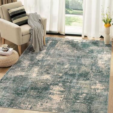 Imagem de TARANCH Tapete lavável 15 x 23 cm para sala de estar: tapete macio neutro abstrato moderno para quarto sala de jantar embaixo da mesa da cozinha, decoração de escritório em casa - verde escuro/bege