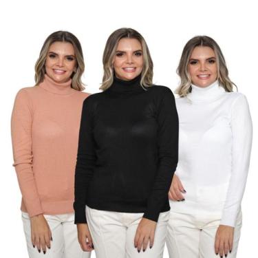 Imagem de Kit 3 Blusa Tricot Feminina Gola Alta Cacharrel Manga Longa Inverno 20