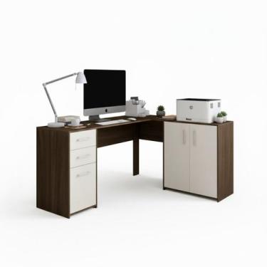 Imagem de Escrivaninha 3 Gavetas Denver em L - Mobília Mix, CANELA/ OFF WHITE