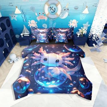 Imagem de Jogo de cama solteiro com desenho animado de axolotl fofo, cama de animal costeiro em um saco, conjunto de cama de salamandra com bolhas, inclui edredom, conjunto de lençóis, fronhas e fronhas