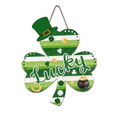 Imagem de Feliz Dia de São Patrício Placa de madeira para pendurar 30 x 28 cm Dia de São Patrício Guirlanda de trevo da sorte para decoração de porta da frente, guirlanda de madeira de fazenda de primavera