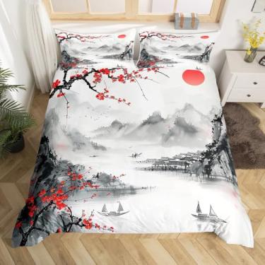 Imagem de Jogo de cama casal estilo japonês, conjunto de capa de edredom com flor de cerejeira vermelha, decoração de quarto de crianças, meninas, mulheres e adultos, capa de edredom com pintura a tinta, 3