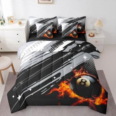 Imagem de Erosebridal Jogo de cama Flames de 7 peças, conjunto de edredom de bilhar solteiro com lençol com estampa de estrelas de bilhar, aquarela em uma bolsa, cinza, preto, grafite para adolescentes, homens