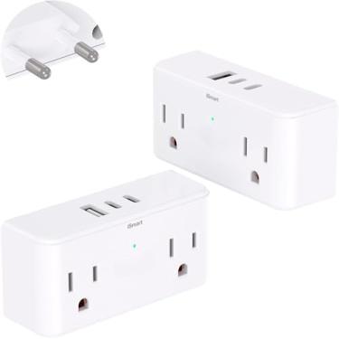 Imagem de Pacote com 2 adaptadores europeus de viagem, 4 tomadas, 3 portas USB (2 USB C), itens essenciais de viagem para a maioria da Europa, UE, Espanha, Itália, França, Alemanha