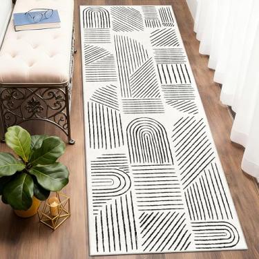 Imagem de MUJOO Tapete de corredor 5 x 15 cm, lavável, abstrato moderno de meados do século, antiderrapante, tapete branco e preto para entrada de cozinha
