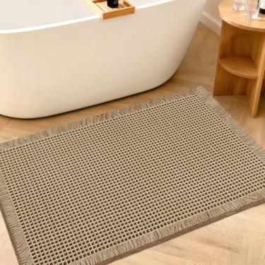 Imagem de ACCUMTEK Tapete de banheiro de waffle atualizado, bege, 61 x 43 cm, super absorvente, antiderrapante, secagem rápida, tapetes com borlas, laváveis na máquina, tapetes de banho boho ultra macios para