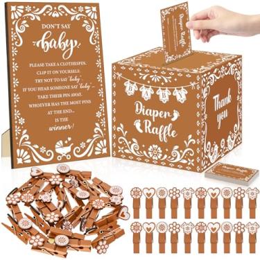 Imagem de Brown 102 peças de jogos de chá de bebê Cielito Lindo, 50 bilhetes de sorteio de fraldas com caixa de cartão de sorteio de fraldas, 50 mini prendedor de roupa e placa de bebê Don't Say para decorações