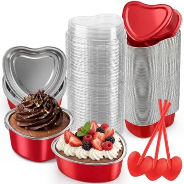 Imagem de Blushtier Conjunto de 120 formas de bolo em forma de coração com tampas, colheres para assar 100 ml, copos de cupcake de folha de alumínio, mini colheres de plástico descartáveis, recipientes de