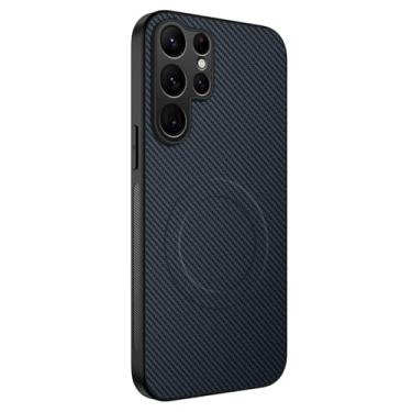 Imagem de POYUFRG Capa magnética para Samsung Galaxy S26 Ultra/S26 Plus/S26, capa fina de couro com padrão de fibra de carbono capa de proteção de lente com tudo incluído, azul, S26 Plus