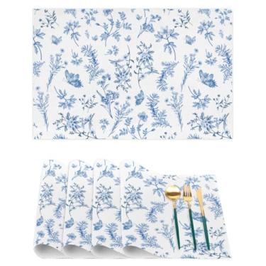 Imagem de Jogo americano conjunto de 4, tapetes de porcelana azul e branca, tapetes de mesa de vinil de PVC antiderrapante, estética oriental na mesa de jantar, almofada de mesa de plantas herbáceas de