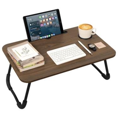 Imagem de Mesa dobrável para laptop, portátil, de madeira, com suporte de copo e compartimento para tablet, sofá dobrável para laptop, sofá, mesa de chão para ler, escrever, comer, assistir a filmes, marrom