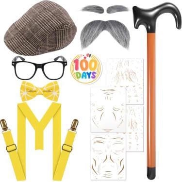 Imagem de Fabllewavi 8 peças fantasia de velho avô – chapéu, suspensórios, gravata borboleta, sobrancelhas, bigodes, óculos, crachá, tatuagem para cosplay, Amarelo, Standard