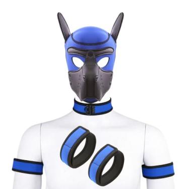 Imagem de QUYUWOWO Máscara de neoprene com capuz removível de cabeça inteira para cães com focinheira facial de cachorro (azul, máscara)