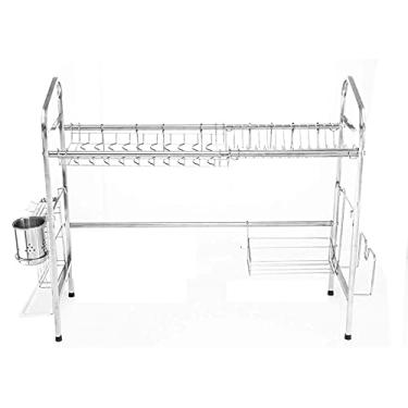 Imagem de Escorredor de louça, prateleira de drenagem multifuncional de 2 camadas com suporte de utensílios, escorredor de pratos em forma de H e resistente à ferrugem para cozinha para capacidade extra