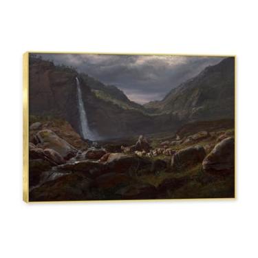 Imagem de NHLDZYH Moldura dourada. Trabalho mestre do romance norueguês, réplica de quadro de J. C. Dahl, paisagem atmosférica, arte de parede com moldura para biblioteca ou sala. (Cascata bege). 70 x 98 cm.