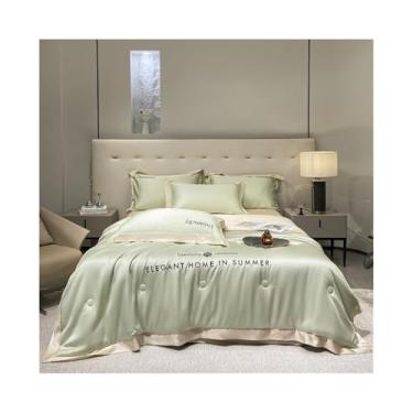 Imagem de x3anggyt5 Conjunto de edredom de cetim luxuoso de 4 peças, cor sólida, para o verão, macio, refrescante, brilhante (verde, 180 x 220 cm)