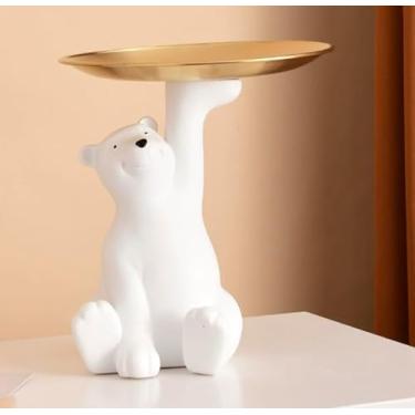 Imagem de Linda bandeja decorativa de urso branco, 17 x 17 x 17 cm, bandeja de estátua de urso de resina para decoração de entrada, cabeceira ou mesa – perfeita para guardar perfume, chaves, carteira, velas e