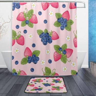 Imagem de Kigai Conjuntos de tapetes de cortina de banho morangos e mirtilos 2 peças, conjunto temático de banheiro (152 x 182 cm) com cortina de chuveiro e tapete antiderrapante -12 ganchos