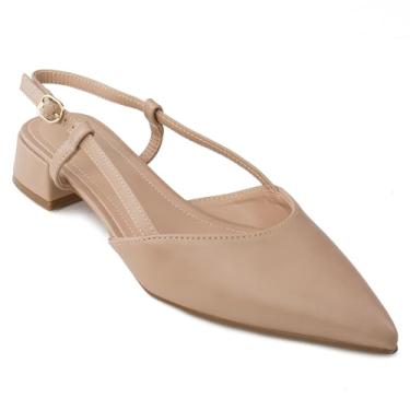 Imagem de RF ROOM OF FASHION Sapato feminino de salto baixo com bico fino e salto baixo, Nude Pu - Slingback com fivela, 38