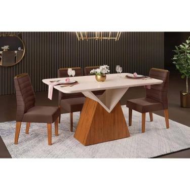 Imagem de Sala de Jantar Completa Argo c/ Tampo Madeirado c/ Vidro Curvo 136x90cm e 4 Cadeiras Ondina Freijo/Off White - Suede Moca - DJ Móveis