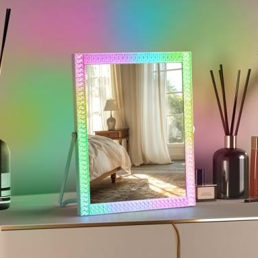 Imagem de homtang Espelho de maquiagem com luzes, RGB e 3 modos de luz reguláveis, espelho de maquiagem com controle de toque, espelho iluminado para mesa, rotação de 360°, 32,4 x 10 polegadas