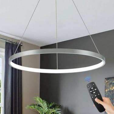 Imagem de AIRYPHANT Lustre de anel LED cromado 61.0 cm controle remoto regulável montagem embutida lustre pendente para sala de jantar, escritório, cozinha, sala de estar, 3000-6500K