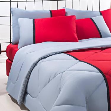 Imagem de Enxoval Edredom + Jogo De Cama King Aconchego Premium 06 Peças - Vermelho/ Cinza