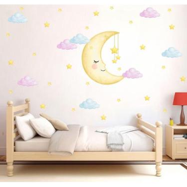 Imagem de adesivo de parede decoração quarto berçário lua aquarela grande e nuve