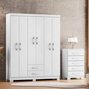 Imagem de Guarda-Roupa Casal 6 Portas 2 Gavetas e Cômoda 5 Gavetas Itapema Branco